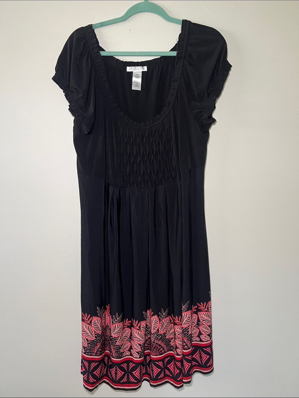 London Times Black Midi Dress with Pink Botanical Border